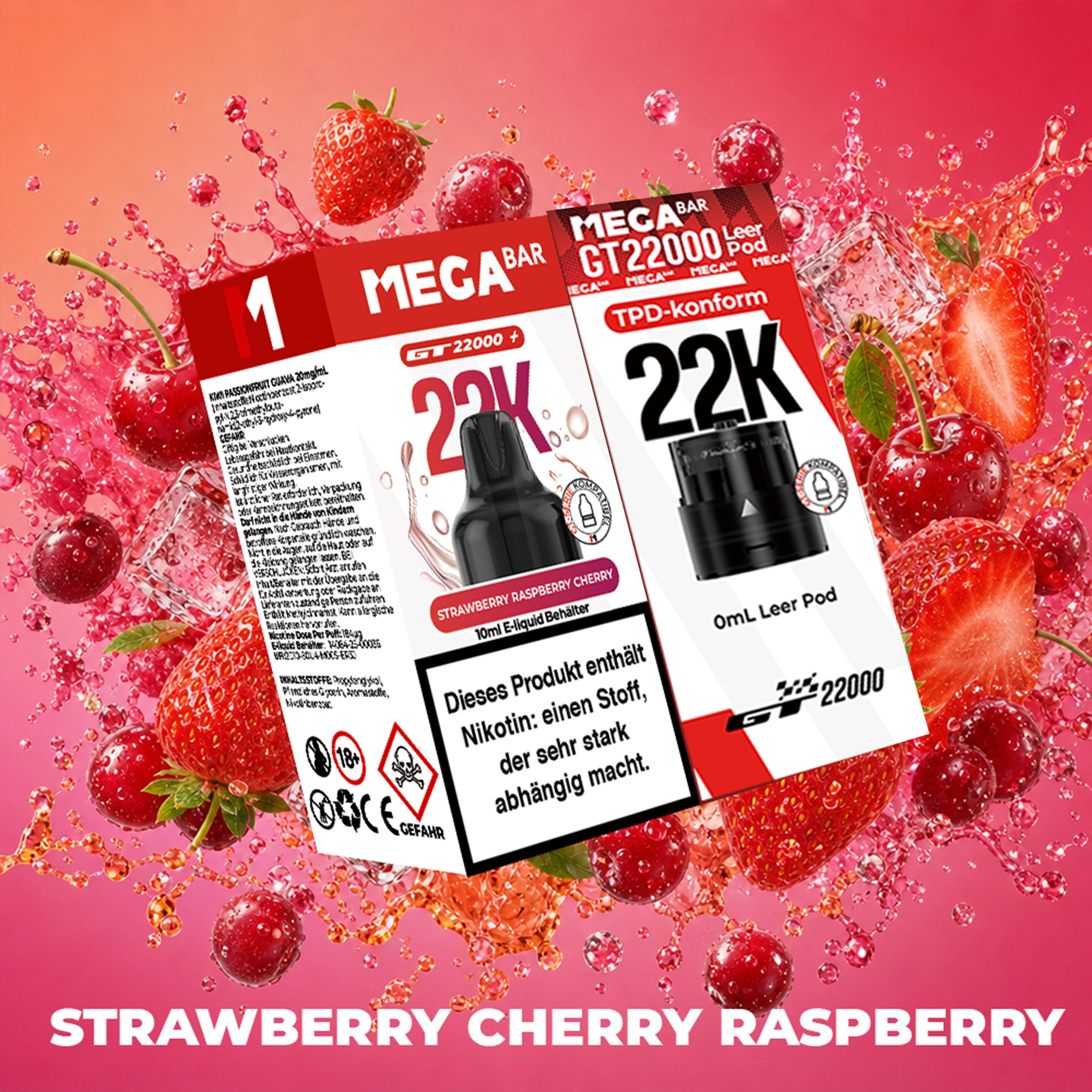 MEGABAR 22K - Prefilled Pod-Liquid 0+10ml - Strawberry Raspberry Cherry