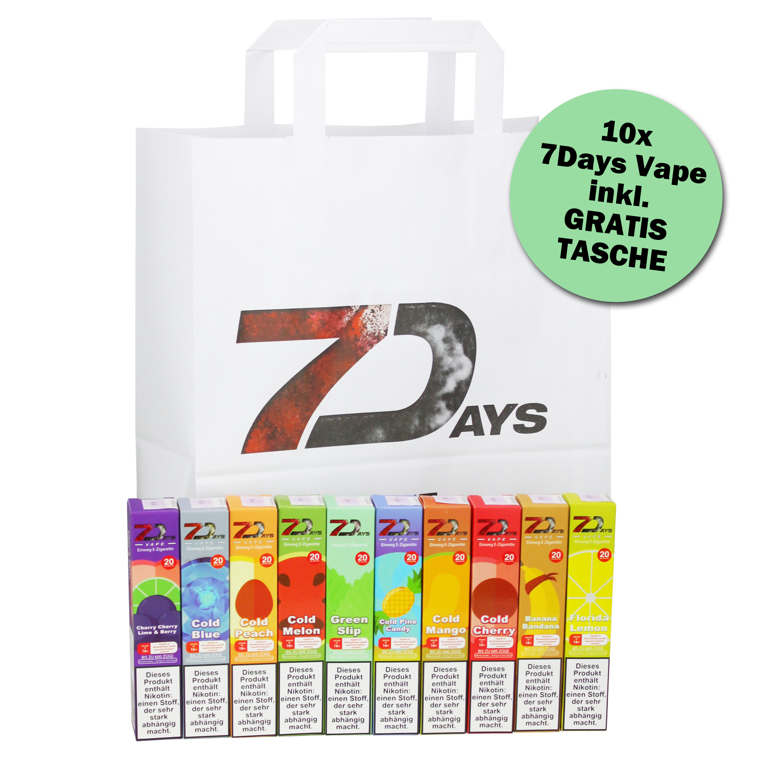 7Days Vape - Einweg E-Zigarette - 10er Paket inkl. Tasche
