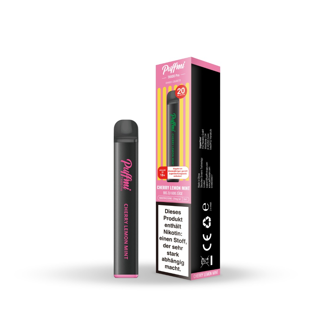 Puffmi TX600 Pro Cherry Lemon Mint die perfekte Einweg E-Shisha zum mitnehmen. Puffmi TX600 Pro Cherry Lemon Mint die perfekte Einweg E-Shisha zum mitnehmen.