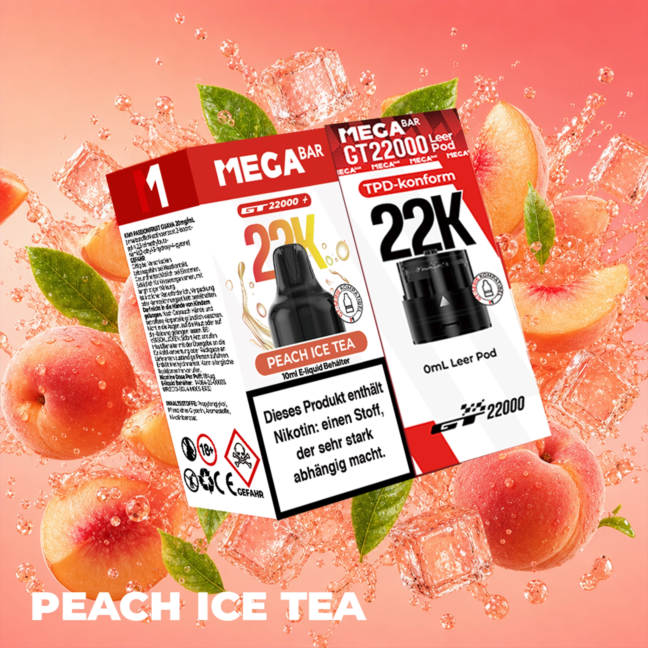 MEGABAR 22K - Prefilled Pod-Liquid 0+10ml - Peach Ice Tea