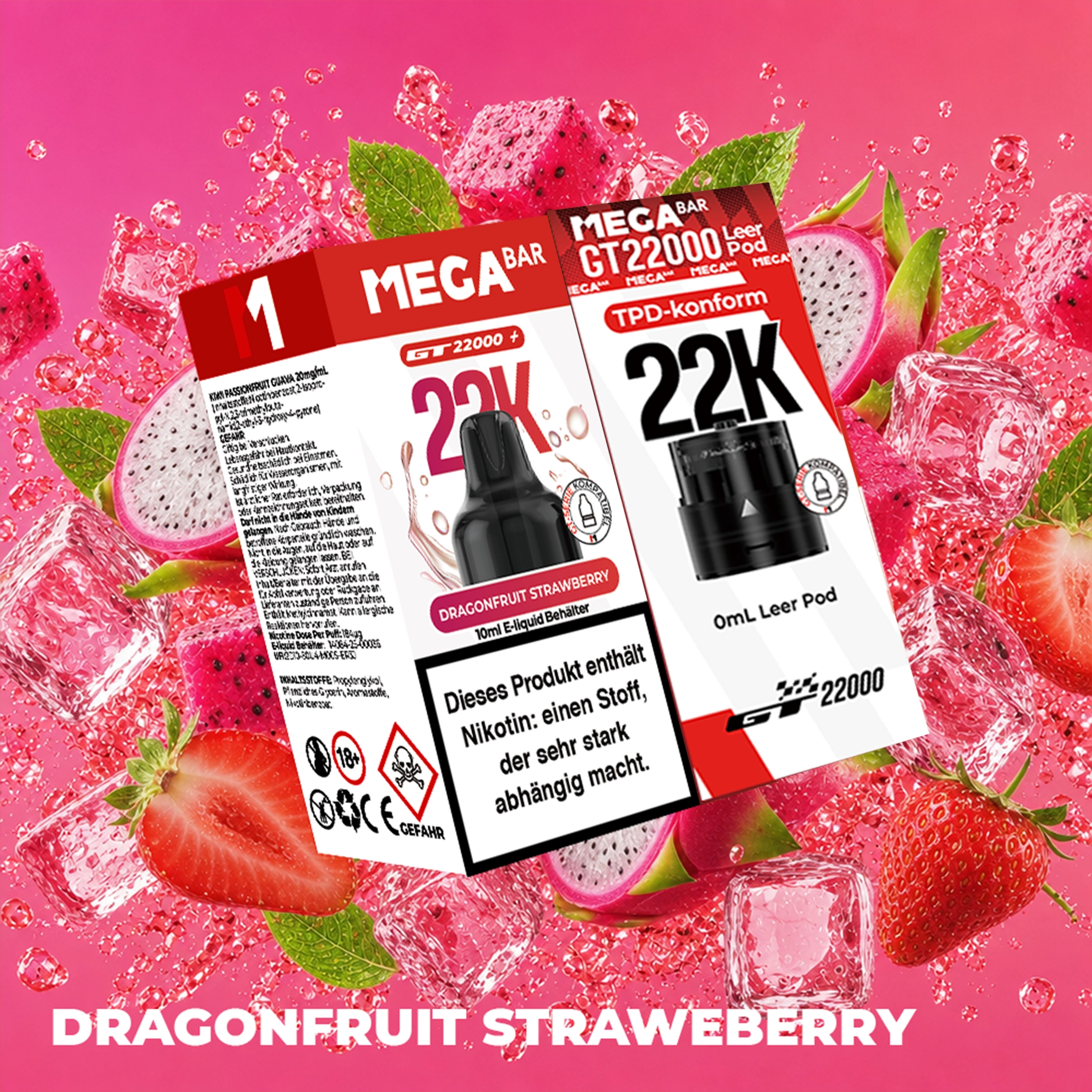 MEGABAR 22K - Prefilled Pod-Liquid 0+10ml - Dragon Fruit Strawberry