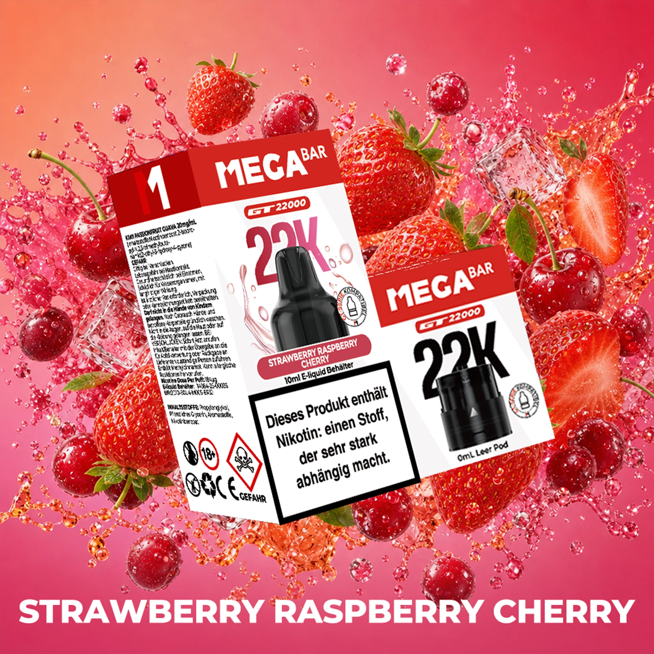 MEGABAR 22K - Prefilled Pod-Liquid 0+10ml - Strawberry Raspberry Cherry